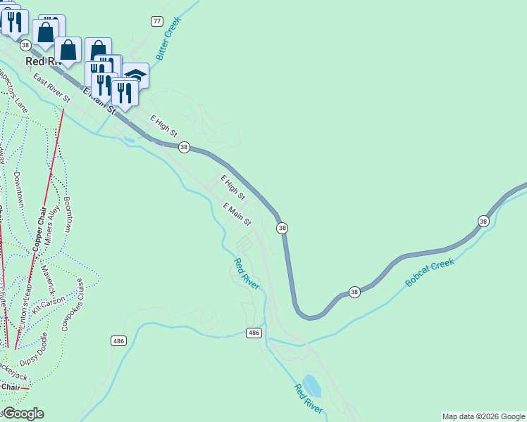 map of restaurants, bars, coffee shops, grocery stores, and more near 1300-1312 Last Chance Trail in Red River