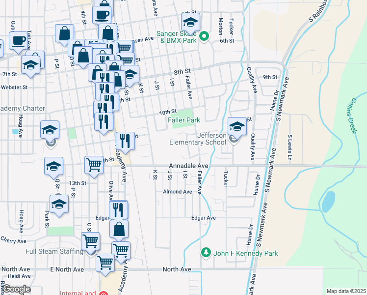 map of restaurants, bars, coffee shops, grocery stores, and more near 1150 Mardros Avenue in Sanger
