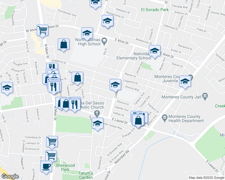 map of restaurants, bars, coffee shops, grocery stores, and more near 361 Sequoia Street in Salinas