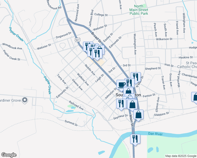 map of restaurants, bars, coffee shops, grocery stores, and more near 336 Leigh St in South Boston