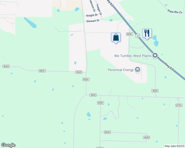 map of restaurants, bars, coffee shops, grocery stores, and more near 1068 County Road 8530 in West Plains