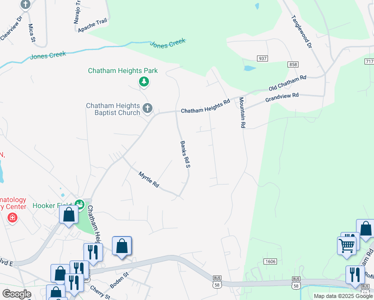 map of restaurants, bars, coffee shops, grocery stores, and more near 927 Banks Road in Martinsville