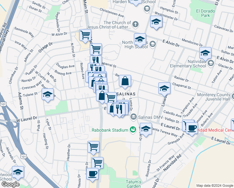 map of restaurants, bars, coffee shops, grocery stores, and more near 55 Kip Drive in Salinas