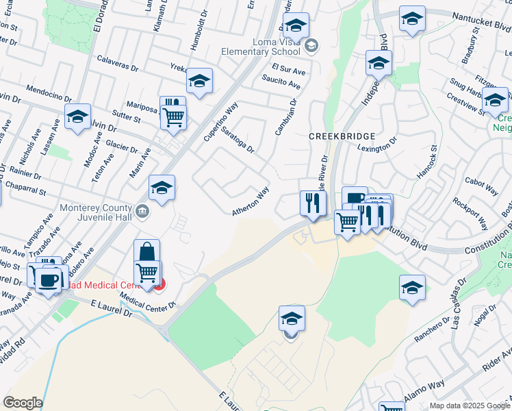 map of restaurants, bars, coffee shops, grocery stores, and more near 1629 Atherton Way in Salinas