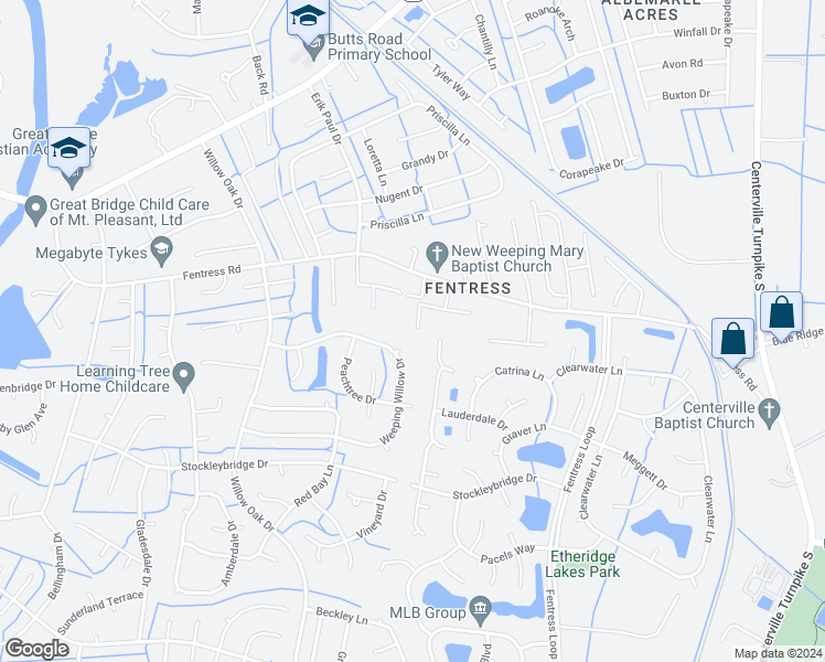 map of restaurants, bars, coffee shops, grocery stores, and more near 1205 New Born Court in Chesapeake