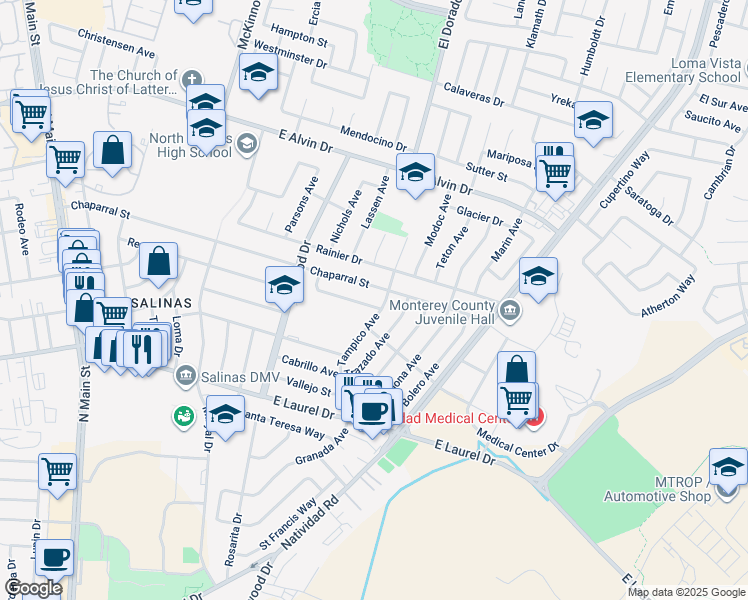 map of restaurants, bars, coffee shops, grocery stores, and more near 471 Sonora Way in Salinas