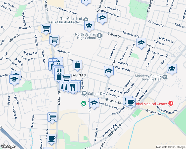 map of restaurants, bars, coffee shops, grocery stores, and more near 321 Elwood Street in Salinas