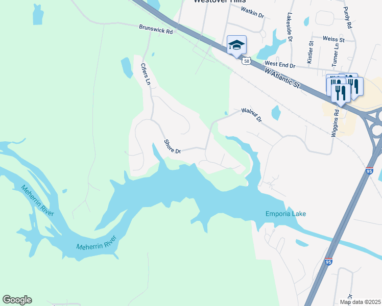 map of restaurants, bars, coffee shops, grocery stores, and more near 104 Shore Drive in Emporia