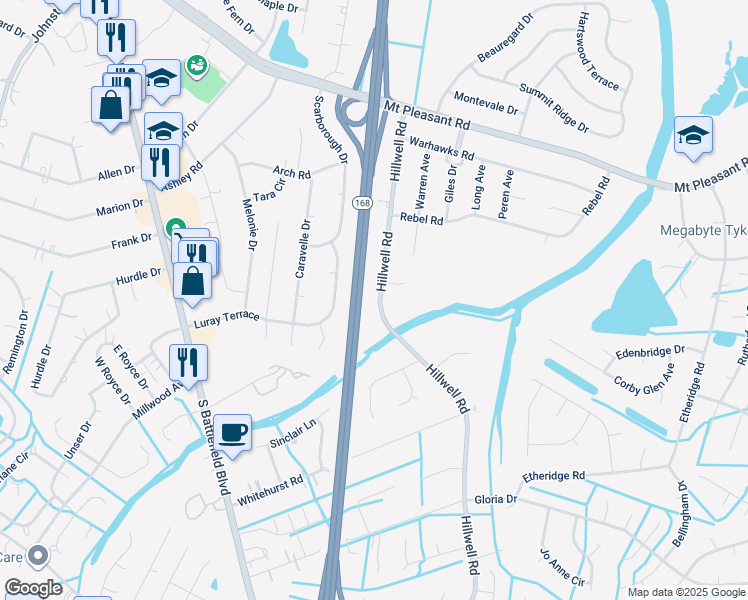 map of restaurants, bars, coffee shops, grocery stores, and more near 652 Hillwell Road in Chesapeake