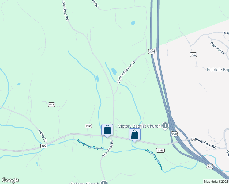 map of restaurants, bars, coffee shops, grocery stores, and more near 1270 The Great Road in Fieldale
