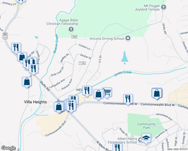 map of restaurants, bars, coffee shops, grocery stores, and more near 300 V C Drive in Martinsville