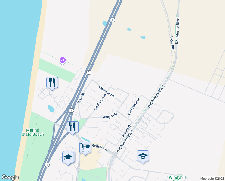 map of restaurants, bars, coffee shops, grocery stores, and more near 136 Aaron Way in Marina