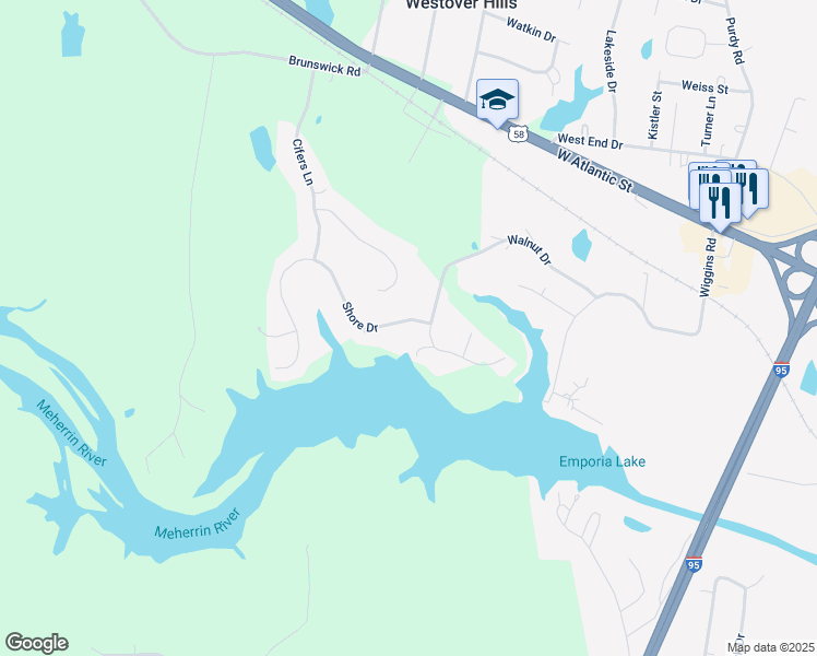 map of restaurants, bars, coffee shops, grocery stores, and more near 102 Shore Drive in Emporia