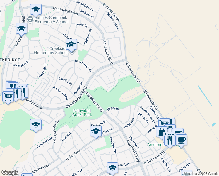 map of restaurants, bars, coffee shops, grocery stores, and more near 10 Liberty Way in Salinas