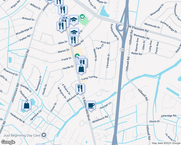 map of restaurants, bars, coffee shops, grocery stores, and more near 318 Melonie Court in Chesapeake
