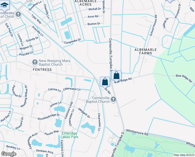 map of restaurants, bars, coffee shops, grocery stores, and more near 1400 Fentress Road in Chesapeake