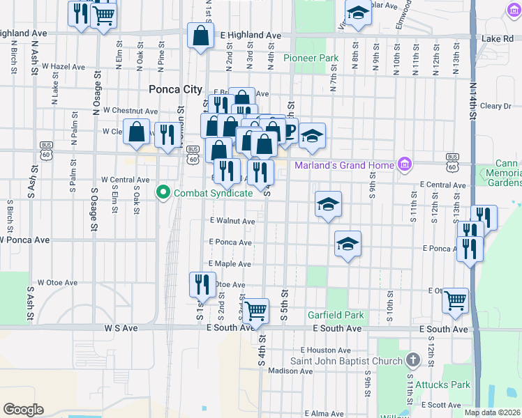 map of restaurants, bars, coffee shops, grocery stores, and more near 319 South 4th Street in Ponca City