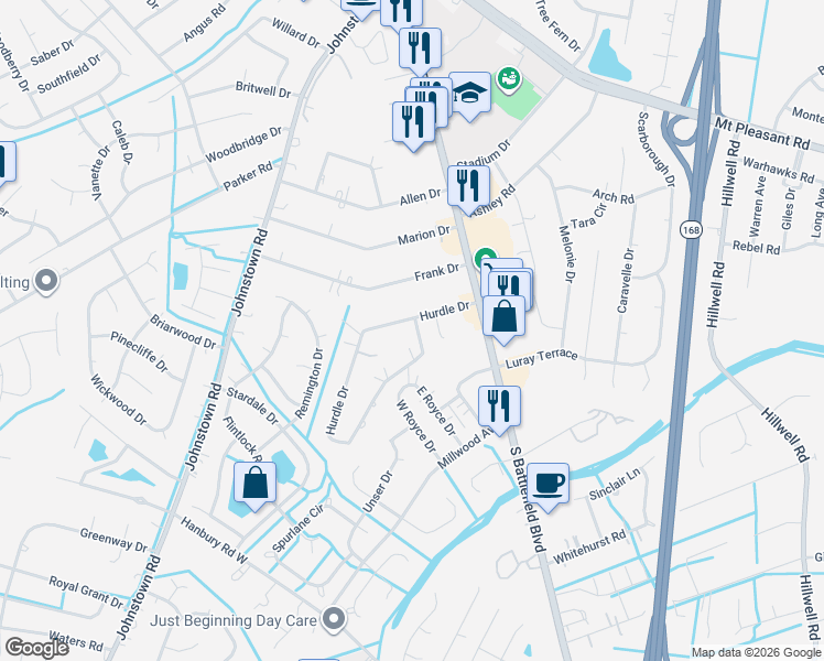 map of restaurants, bars, coffee shops, grocery stores, and more near 346 Hurdle Drive in Chesapeake
