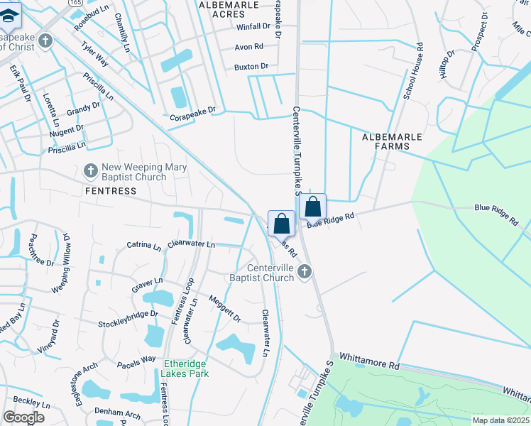 map of restaurants, bars, coffee shops, grocery stores, and more near 1400 Fentress Road in Chesapeake