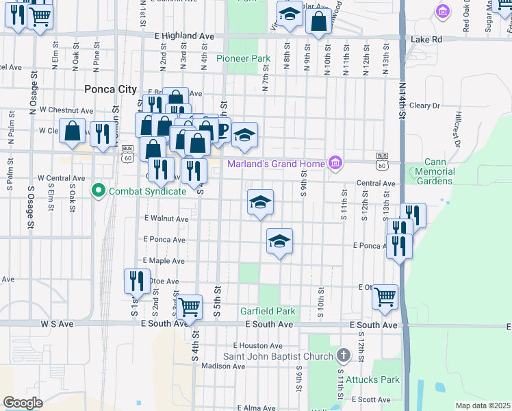 map of restaurants, bars, coffee shops, grocery stores, and more near 302 South 7th Street in Ponca City