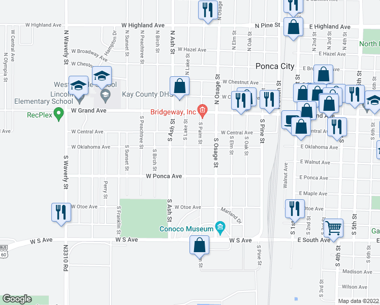 map of restaurants, bars, coffee shops, grocery stores, and more near 303 South Lake Street in Ponca City