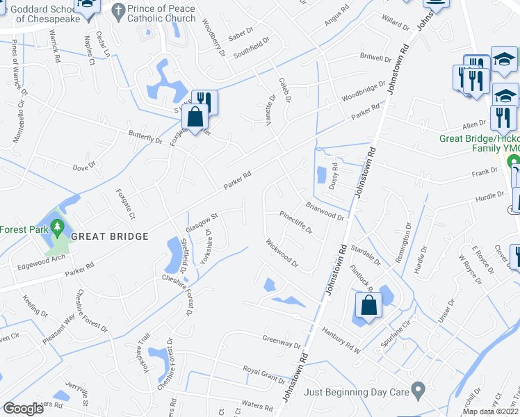 map of restaurants, bars, coffee shops, grocery stores, and more near 528 Wickwood Drive in Chesapeake