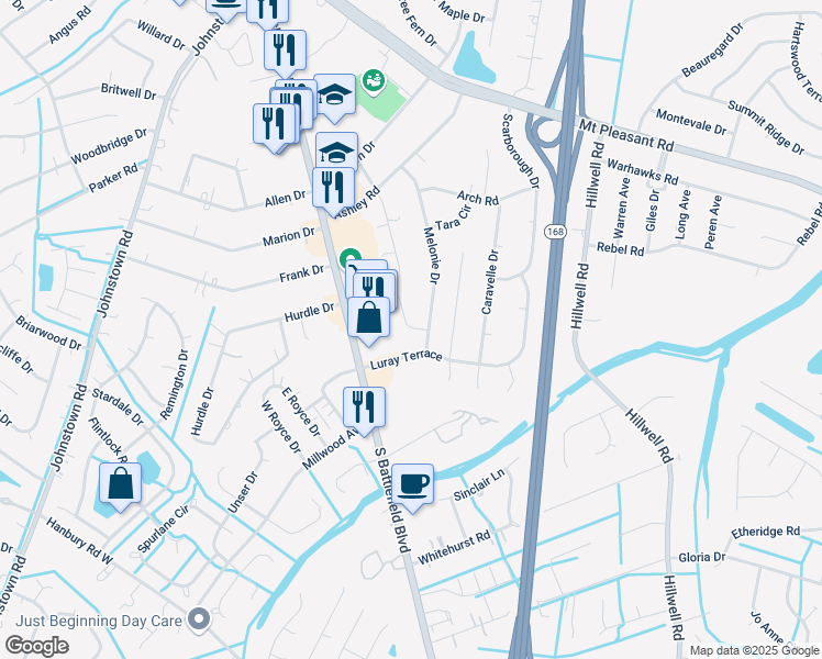 map of restaurants, bars, coffee shops, grocery stores, and more near 318 Melonie Court in Chesapeake