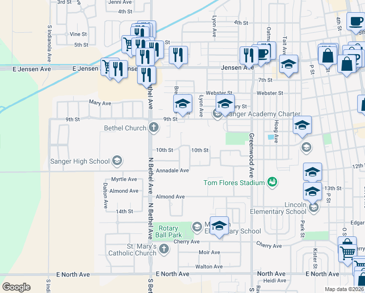 map of restaurants, bars, coffee shops, grocery stores, and more near 1105 Post Street in Sanger