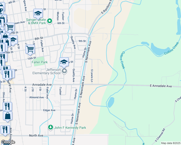 map of restaurants, bars, coffee shops, grocery stores, and more near 2416 South Lewis Lane in Sanger