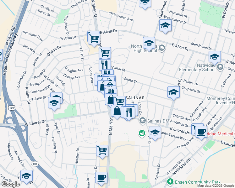 map of restaurants, bars, coffee shops, grocery stores, and more near 276 Noice Drive in Salinas