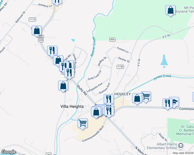 map of restaurants, bars, coffee shops, grocery stores, and more near 243 Gray Leaf Circle in Martinsville