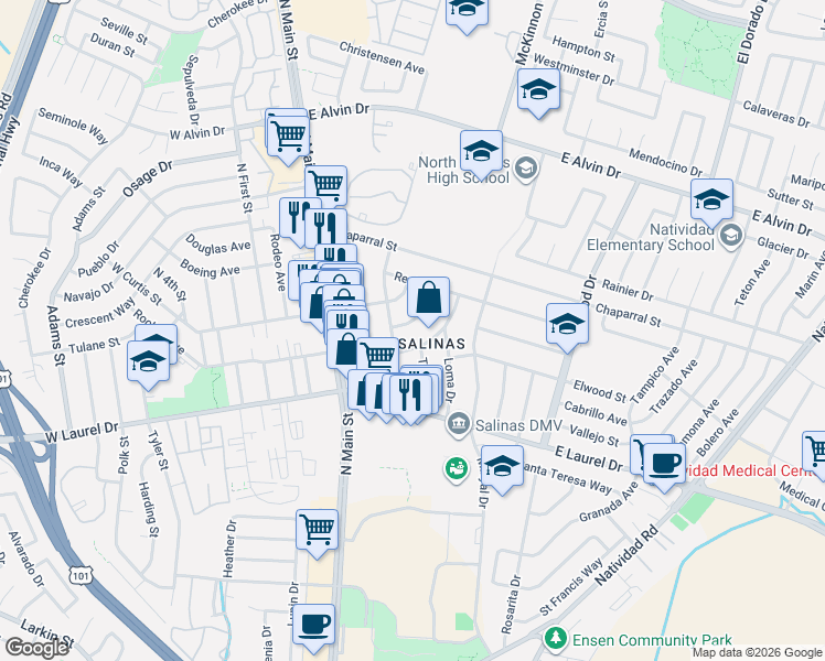 map of restaurants, bars, coffee shops, grocery stores, and more near 216 Toyon Avenue in Salinas