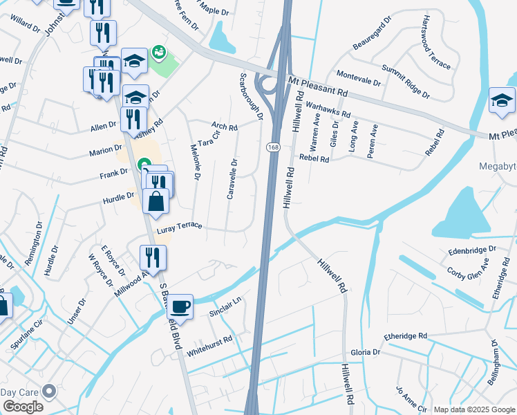 map of restaurants, bars, coffee shops, grocery stores, and more near 615 Luray Terrace in Chesapeake