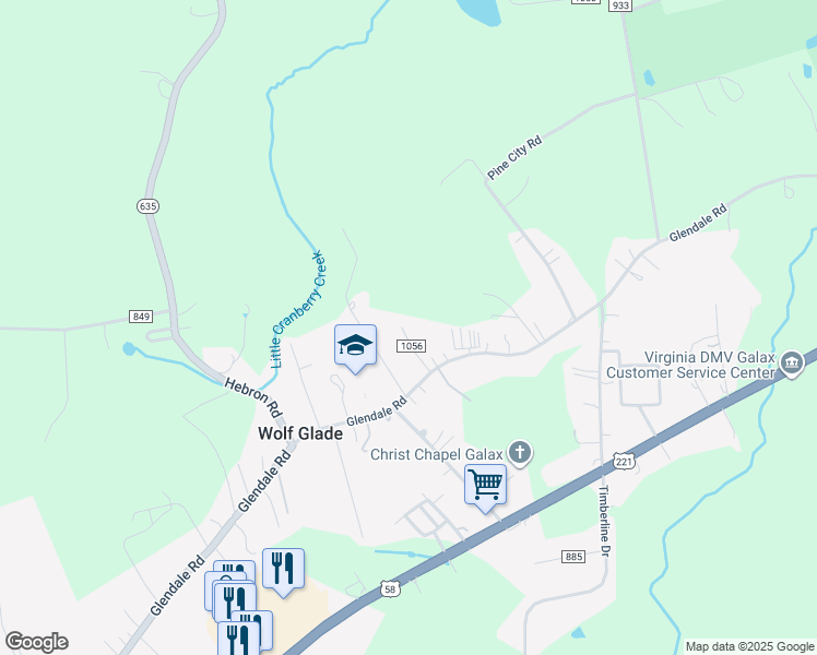 map of restaurants, bars, coffee shops, grocery stores, and more near 88 Brookstone Court in Galax