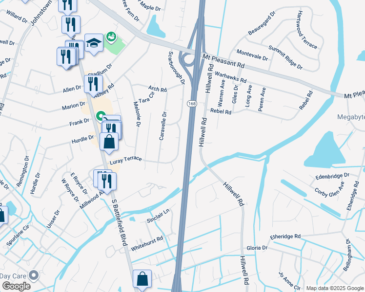 map of restaurants, bars, coffee shops, grocery stores, and more near 615 Luray Terrace in Chesapeake