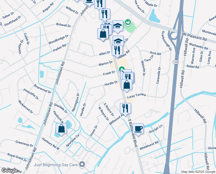 map of restaurants, bars, coffee shops, grocery stores, and more near 121 Hurdle Drive in Chesapeake