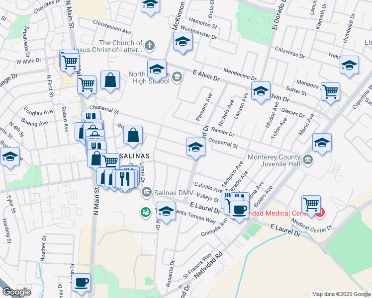 map of restaurants, bars, coffee shops, grocery stores, and more near 342 Chaparral Street in Salinas