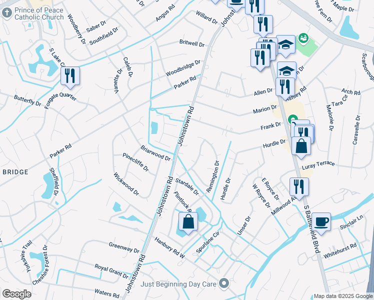 map of restaurants, bars, coffee shops, grocery stores, and more near 621 Johnstown Road in Chesapeake