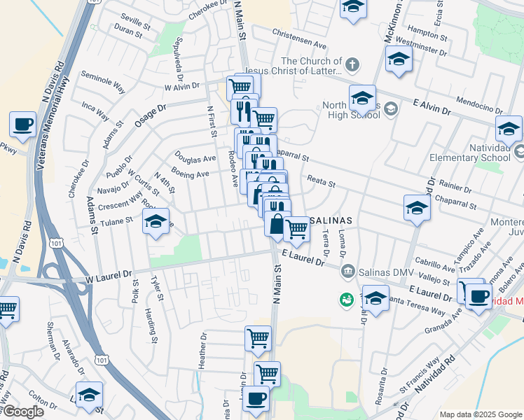 map of restaurants, bars, coffee shops, grocery stores, and more near 1305 North Main Street in Salinas