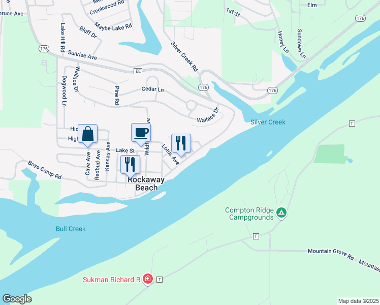 map of restaurants, bars, coffee shops, grocery stores, and more near 152-164 Laughing Lane in Rockaway Beach