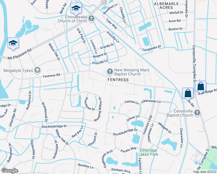 map of restaurants, bars, coffee shops, grocery stores, and more near 1215 New Born Court in Chesapeake