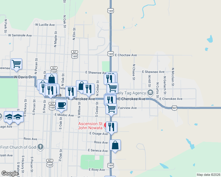 map of restaurants, bars, coffee shops, grocery stores, and more near Highway 169 in Nowata