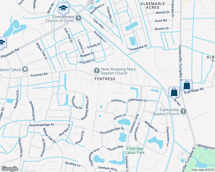map of restaurants, bars, coffee shops, grocery stores, and more near 1205 Fentress Road in Chesapeake