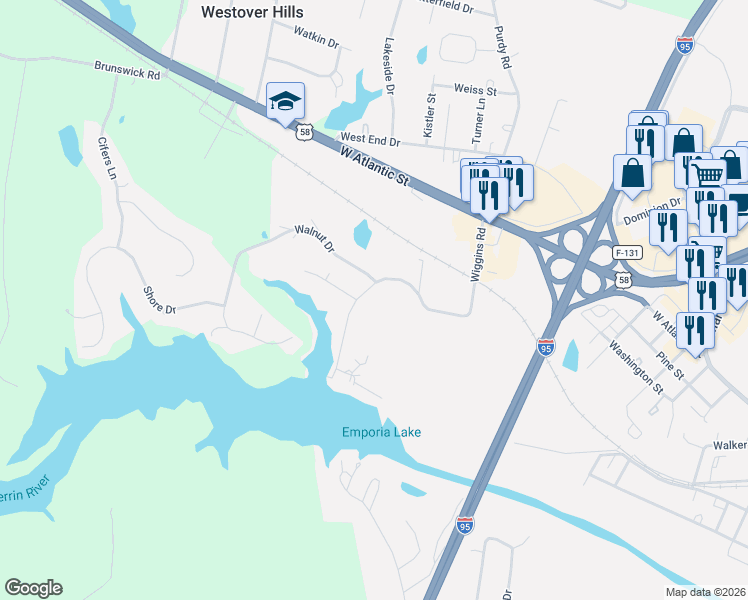 map of restaurants, bars, coffee shops, grocery stores, and more near 1500-1598 State Route 664 in Emporia