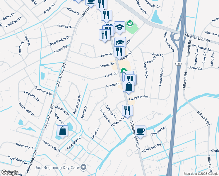 map of restaurants, bars, coffee shops, grocery stores, and more near 121 Hurdle Drive in Chesapeake
