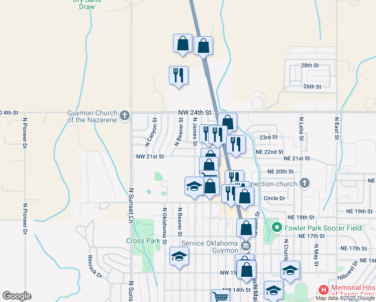 map of restaurants, bars, coffee shops, grocery stores, and more near 505 Northwest 22nd Street in Guymon