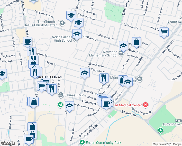 map of restaurants, bars, coffee shops, grocery stores, and more near 1316 Linwood Drive in Salinas