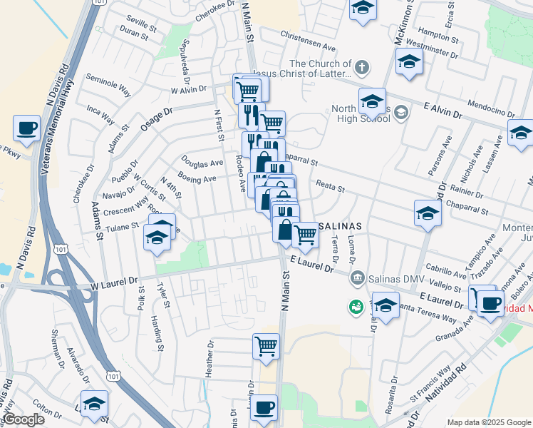 map of restaurants, bars, coffee shops, grocery stores, and more near 1305 North Main Street in Salinas