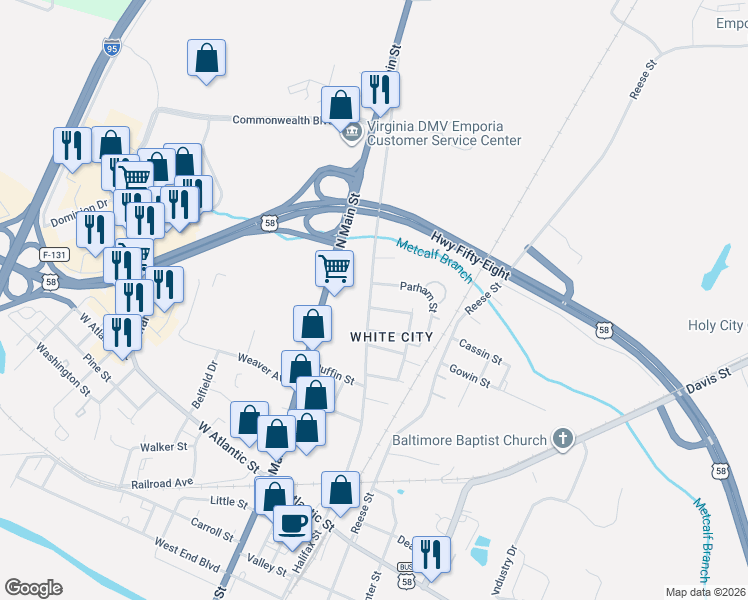map of restaurants, bars, coffee shops, grocery stores, and more near 238 Parham Street in Emporia