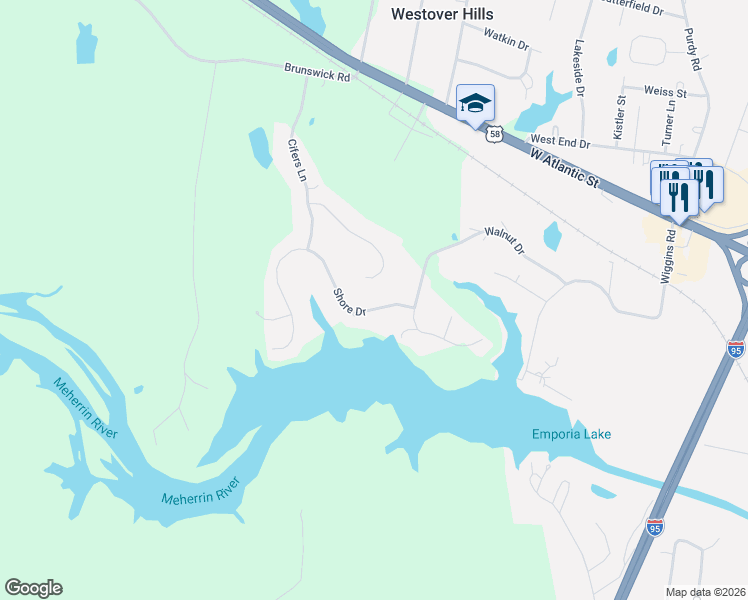 map of restaurants, bars, coffee shops, grocery stores, and more near 323 Allen Court in Emporia